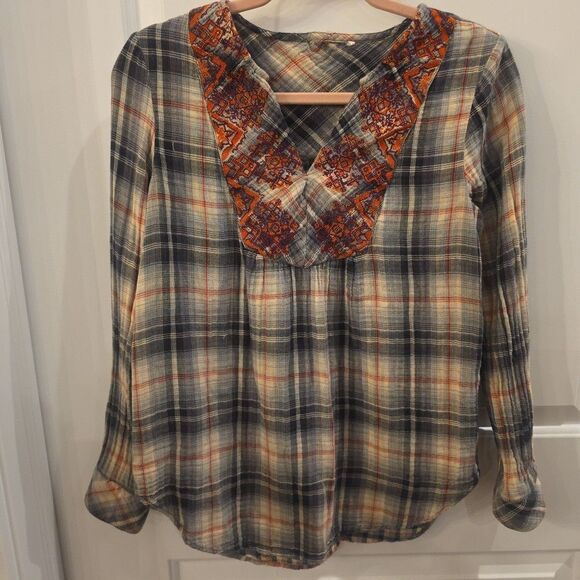 SUNDANCE Y2K-Inspired Plaid Embroidered Peasant Blouse Tunic Sz S Bohochic - Picture 1 of 7